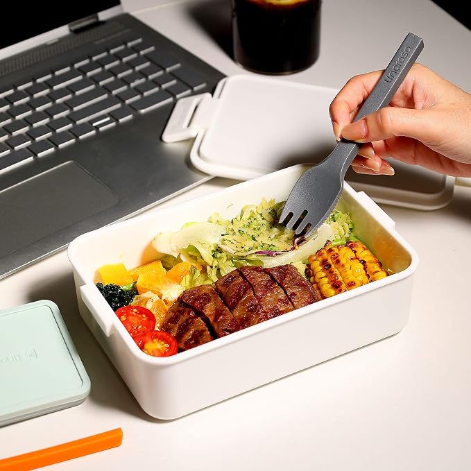 Stackable 2-Tier Adult Bento Box, 4 Compartments - Chalk White | leakproof sauce cups, utensil set included, microwave & dishwasher safe, 7 colors available, ideal for work/school/picnic