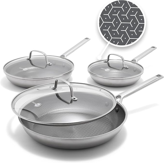 GreenPan Hybrid 6 Piece (8",10" & 12") Stainless Steel Skillets with Lids | APEX Tri-Ply Frying Pans, PFAS-Free Nonstick, Induction & All Cooktop Compatible, Dishwasher & Oven Safe to 850F, Silver