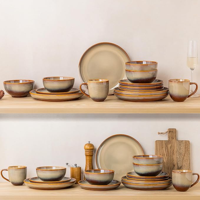 Ceramic Dinnerware Set for 4, 12-Piece Plates and Bowls Set | Handmade Reactive Glaze Dish Set, Scratch Resistant, Oven & Microwave & Dishwasher Safe, Creamy Amber