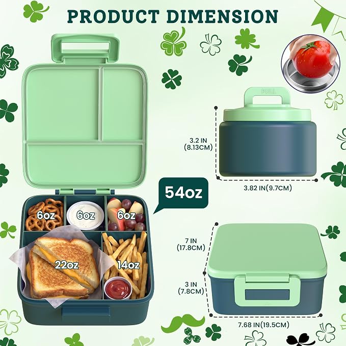 MAISON HUIS Bento Lunch Box with 8oz Soup Thermo, 5-Compartment Leak-Proof Container, Thermo Hot Food Jar and Insulated Lunch Bag, BPA Free,Travel, School (Green)
