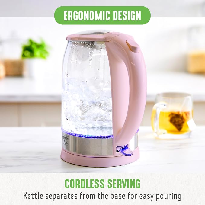 GreenLife 1.7 Liter Electric Glass Kettle, Pink | Glass Body, Auto Shutoff, Thermal Shock Resistant, Quick Heating, Easy One Touch Use, Cordless Serving, LED Base, Coffee/ Tea