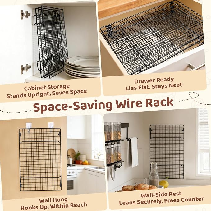 3 Tier 17" x 11" Cooling Rack for Cooking and Baking w/100 Papers | Drying Baking Rack for Baking Sheet, Stackable Cookie Cooling Rack for Pizza, Bread, Cake, Veggie, Jerky