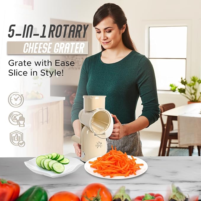 Rotary Cheese Grater Hand Crank, 5 in 1 Vegetable Slicer, Manual Cheese Shredder with Stainless Steel Blades, Food Grater for Cheese Vegetables Nuts, Suction Base, Easy Clean, Beige