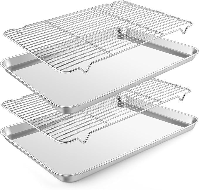 E-far Half Baking Sheet with Wire Rack, Stainless Steel 2 Pans + 2 Racks | 18 x 13 Inch Cookie Sheets Pan & Cooling Rack for Baking Cookies Cake, Non Toxic & Heavy Duty, Oven & Dishwasher Safe
