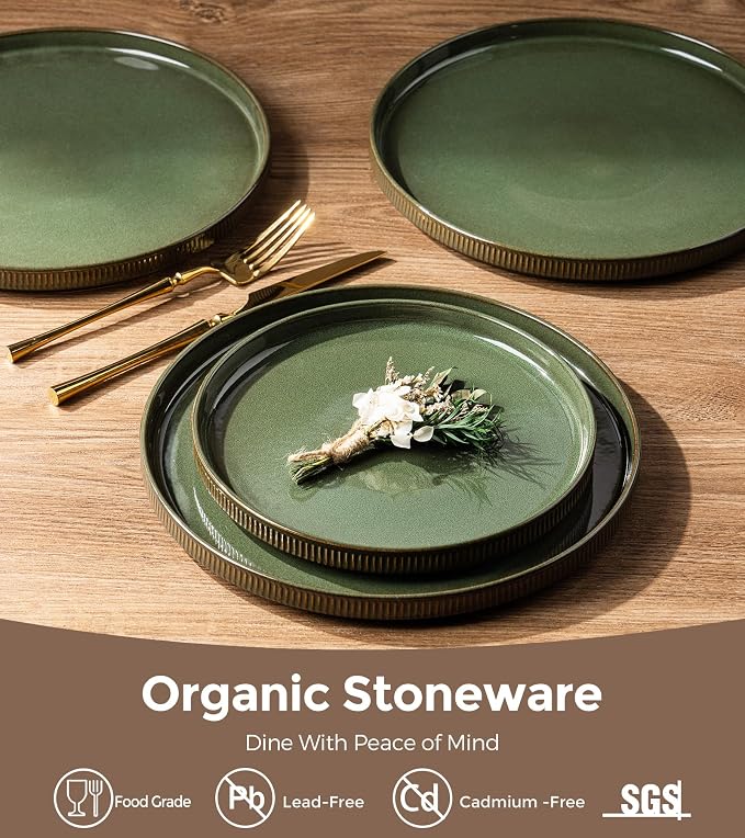 GBHOME Stoneware Dinnerware Sets for 4, 12 Pieces Plates and Bowls Set | Lightweight Ceramic Ribbed Dishes,Reactive Glaze Stackable Plate Set,Scratch Resistant,Microwave&Dishwasher Safe,Sage Green