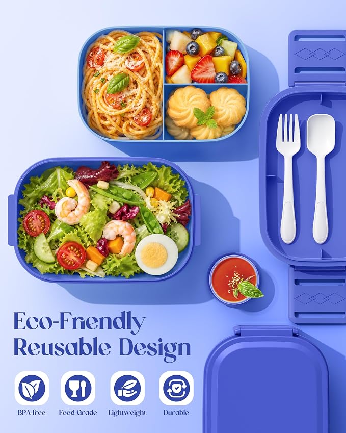 Bento Lunch Box, 65 oz 3-Tier Stackable Lunch Container, Adjustable 2/3 Tier Design, BPA-Free Food-Grade Plastic, Leakproof, Microwave & Dishwasher Safe, Blue