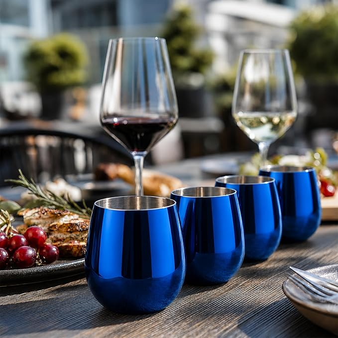 K&K Home Stainless Steel Unbreakable Stemless Wine Glasses - 15 oz - Set of 4 Colored, Stemless Metal Wine Glasses Perfect for Outdoors, Weddings, and Parties (Shiny Blue)