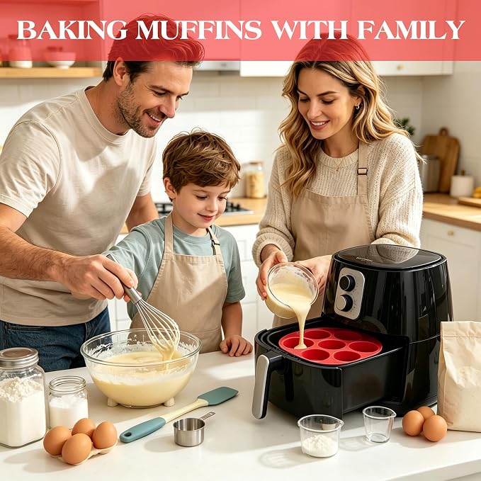 CAKETIME Silicone Muffin Pan for Air Fryer Oven, Nonstick 7-Cup Red | Food-Grade, For Egg Bites, Muffins, Cupcakes, Mini Quiche, 1 Pack