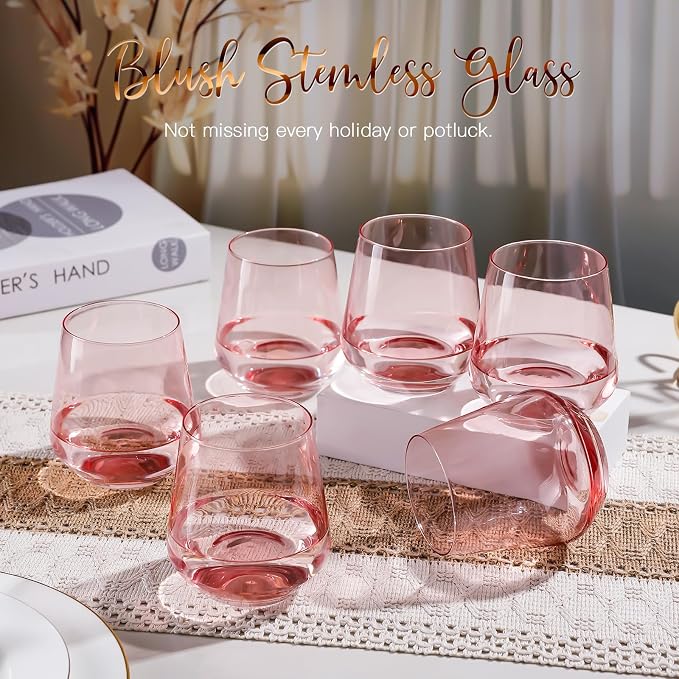 Pink Stemless Wine Glass Set of 6-17oz Wine Glasses, Stemless Drinking Glasses for Wine, Cocktails & Beverages - Elegant Glassware for Home, Bar & Holiday Use