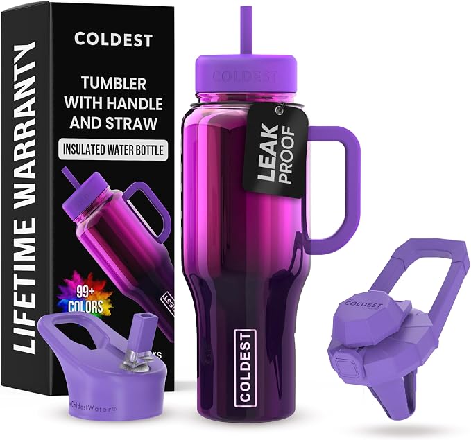 Coldest Tumbler with Handle and Straw - 100% Spill Proof Tumbler with Straw (3 Lids) - Stainless Steel Insulated Leakproof Tumblers for Women & Men - Cup Holder Friendly - 36 oz (Purple Nova)