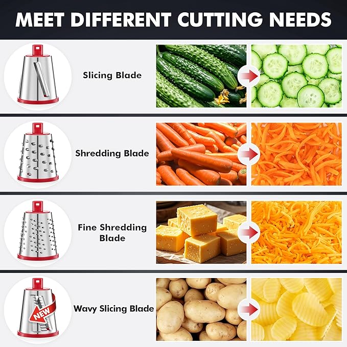 Geedel Upgraded Rotary Cheese Grater Hand Crank, Vegetable Shredder Slicer | 4 Blades, Stronger Suction Base, Wider Chute, 18x Faster Cutting, No BPA, Stainless Steel, for Cheese, Veggies, Nut