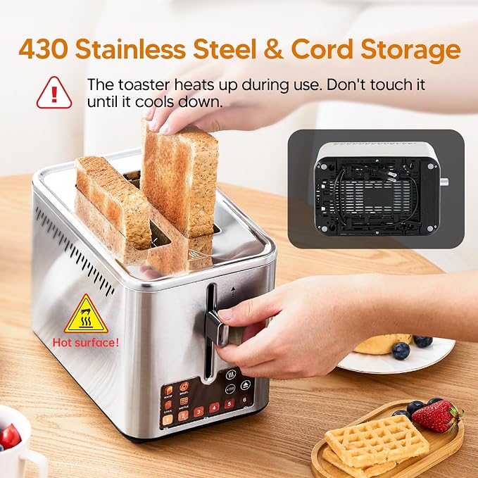 Smart Touch Screen 2 Slice Toaster, Wide Slot,Stainless Steel | 900W digital toaster with 6 shade levels, bagel, defrost, reheat, cancel, crumb tray, and cord wrap for small kitchens