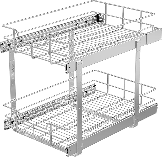 2 Tier Pull Out Cabinet Organizer 15" W X 22" D, Chromed, Full Slide Out | For Kitchen Organizers and Storage, Pull Out Drawers For Cabinets Capacity Heavy Duty Caddy, Cabinet Shelves, Bathroom Pantry