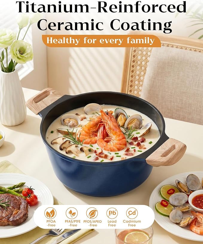 FDN Titanium Ceramic Cooking Pot with Lid, Pfos & Pfoa Free Nonstick Stock Pot, Large Soup Pot, Big Pots for Cooking, Multipurpose Cookware, Ollas Antiadherentes Para Cocinar, Cacerolas, Blue