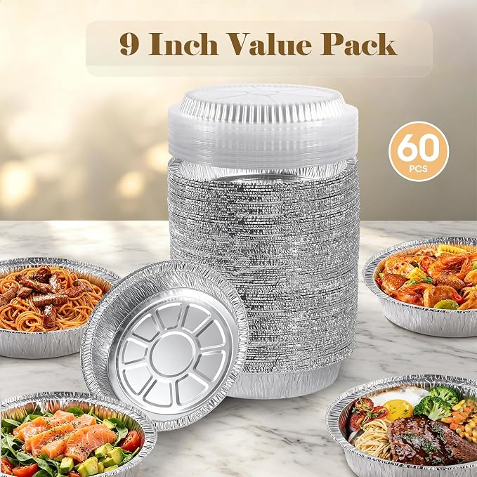 60 Pack 9” Round Aluminum Pans with Clear Lids, Disposable Foil Pie Pans with Lids, Pie Tins Disposable, Freezer & Oven Safe for Storing, Baking, Meal Prep & Reheating