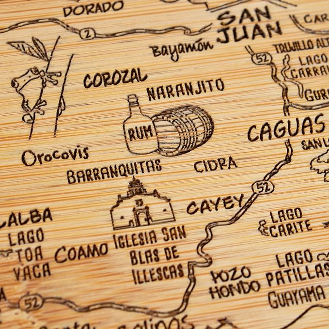 Totally Bamboo A Slice of Life Puerto Rico Engraved Map Cutting Board | 11" x 8.75" charcuterie board with engraved Puerto Rico map. Smooth reverse side for food prep. Hang tie for wall display.