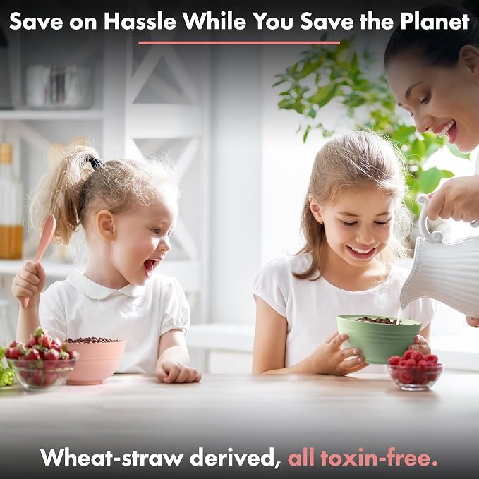 FOODLE Wheat Straw Dinnerware Set - Non-Toxic Kids Plates and Bowls Sets | BPA-Free & Safety Tested - Dishwasher & Microwave Safe - Easy to Clean - Children, Camping, College Dorm Dishes - For 4