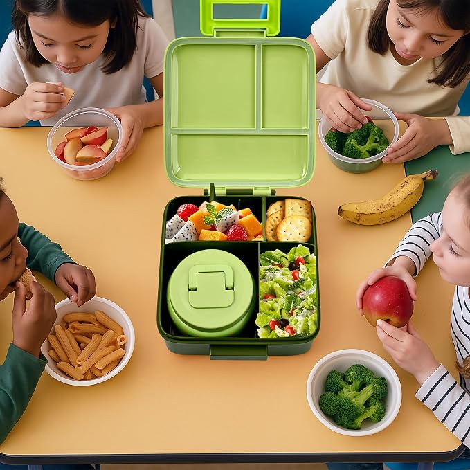 Bento Lunch Box for Kids with 8oz Soup Thermo Leak-Proof Lunch Food Containers with Snack Sauce Container for Kid Girls Boys to School (Forest Dinosaur)