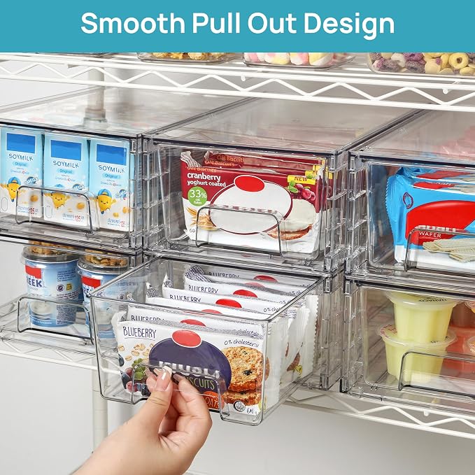 Vtopmart 10 Pack Stackable Clear Drawer with Dividers | Clear Drawer Organizers with Removable Dividers for Flexible storage. Stackable, Non-slip, for Fridge, Under Sink & Bthroom