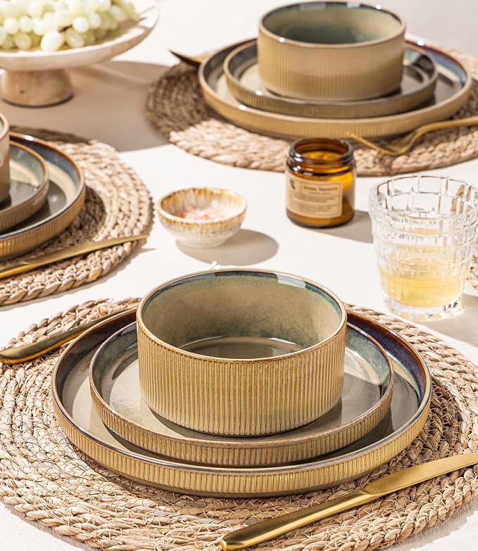 GBHOME Stoneware Dinnerware Sets for 4, 12 Pieces Plates and Bowls Set | Lightweight Ceramic Ribbed Dishes, Reactive Glaze Stackable Plate Set, Scratch Resistant, Microwave & Dishwasher Safe, Khaki