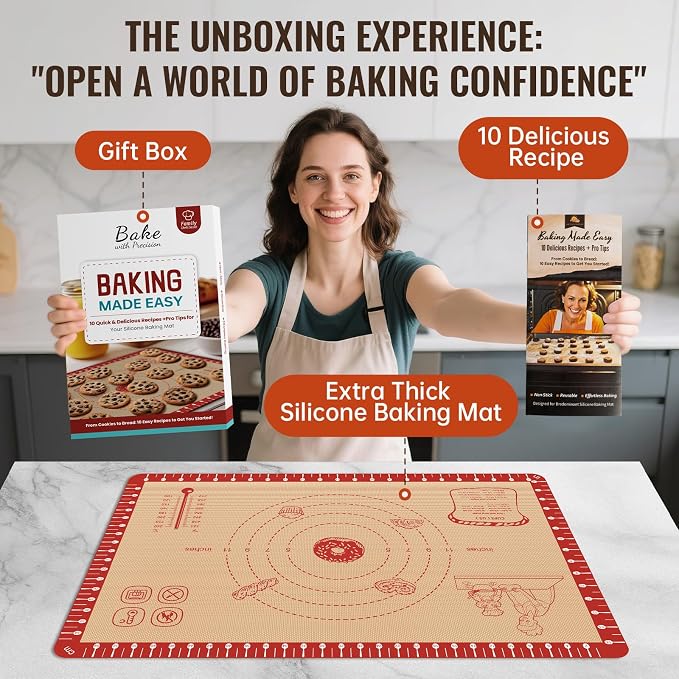 Silicone Baking Mat with 10 Recipes, Extra Thick Silicone Mats for Baking, Non Stick Pastry Mat for Rolling Dough, Silicone Macaron Baking Mat for Cookie,Bread,Pizza,Fondant Mat, Oven&Dishwasher Safe