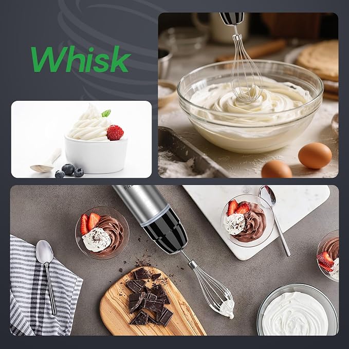 Immersion Blender Handheld, 4-In-1 Hand Blender with 12-Speeds & Turbo Mode | 500W Emulsion Blender, Egg Whisk, 24oz Beaker & Chopper Bowl, Stick Mixer for Baby Food, Smoothies, Soups & Sauces