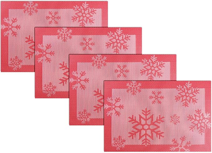 PIGCHCY Christmas Placemats Snowflake Woven Heat Resistant Placemats Washable Easy to Clean Table Mats for Dining Room and Decor(Set of 4, Red)