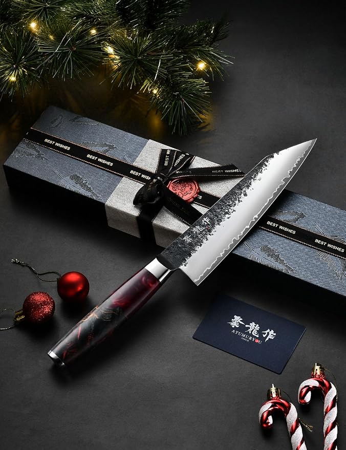 7'' Japanese Kiritsuke Chef Knife, Black Forged 3-Layer VG10 Steel Core | San-Mai Stainless Steel, Kurouchi Forged Finish, Push-Cut Precision, K-Tip Control, Resin Wood Handle, Premium Gift Box