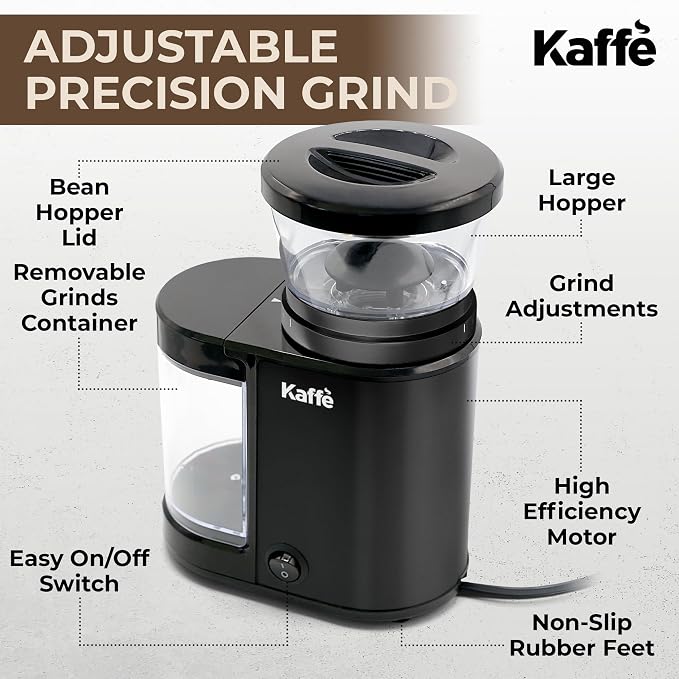 Kaffe Electric Burr Coffee Grinder (5.5oz) w/Adjustable Coarseness Settings - Flat Burr - [New Upgraded Motor ] - Precision Coffee Bean Grinder for Home Use - Black