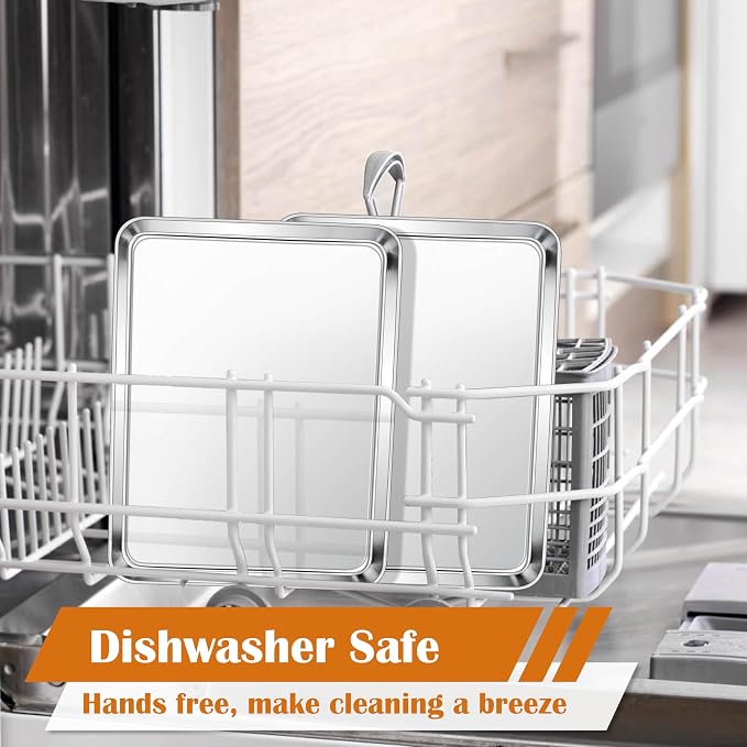 E-far 10.5” x8.3” Baking Sheet Set of 2, Stainless Steel Toaster Oven Tray | Small Non-toxic Metal Baking Pan for Cookie & Cake, Healthy & Rust Free, Mirror Finish & Dishwasher Safe