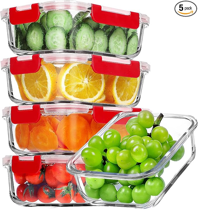 VERONES 5 PACK 36 OZ Glass Meal Prep Containers Set with Lids, Red | Airtight Glass Lunch Containers Set, Food Storage Containers with Lids, for Microwave, Oven, Freezer & Dishwasher Friendly