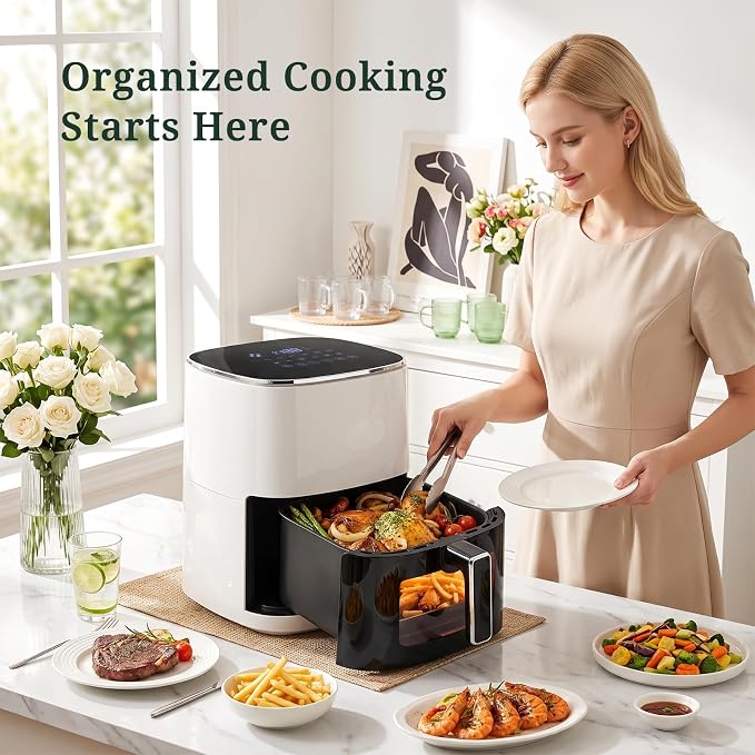 Air Fryer, 6QT Airfryer with Viewing Window, 12-in-1 Digital Air Fryer Oven, 400°F Fast Heating, Nonstick & Dishwasher Safe Square Basket, Air Fry, Roast, Bake, Reheat, Dehydrate for Family Meals