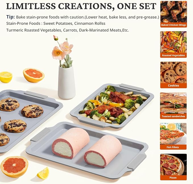 BRONYPRO Non Stick Ceramic Baking Sheet Pan Set of 3, Non Toxic Cookie Sheets (PFOA/PTFE Free), Aluminized Steel Oven Trays with Silicone Handles, Rust-Resistant, Warp-Resistant to 500°F, Light Gray