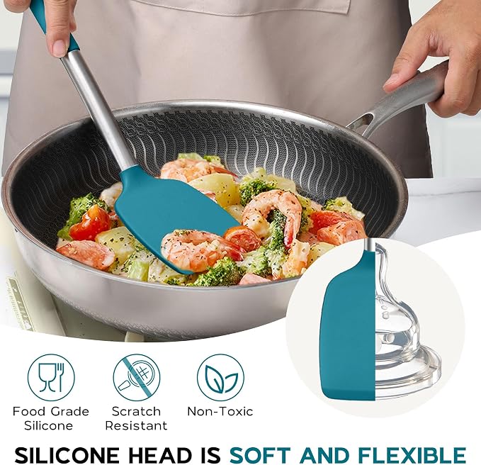 Onader 10 Pieces Silicone Kitchen Utensils Set, Cooking Utensils with Holder and Heat Resistant Stainless Steel Handle for Nonstick Cookware -Blue