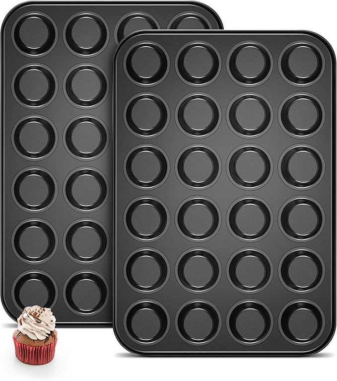 TeamFar 2 Pack Mini Muffin Pan, 24-Cup Non-Stick Cupcake Tray for Baking | Carbon Steel Small Cup Cake Tin Bakeware for Bite-Sized Cheesecake Tart Quich, Even Baking & Effortless Release & Easy Clean