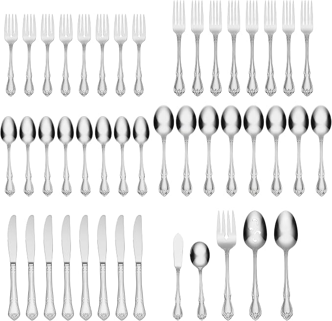 Oneida True Rose 45 Piece Everyday Flatware, Service for 8, 18/0 Stainless Steel, Silverware Set, Silver | mirror finish, dishwasher safe | includes serving spoons and utensil set | cutlery set, wedding silverware