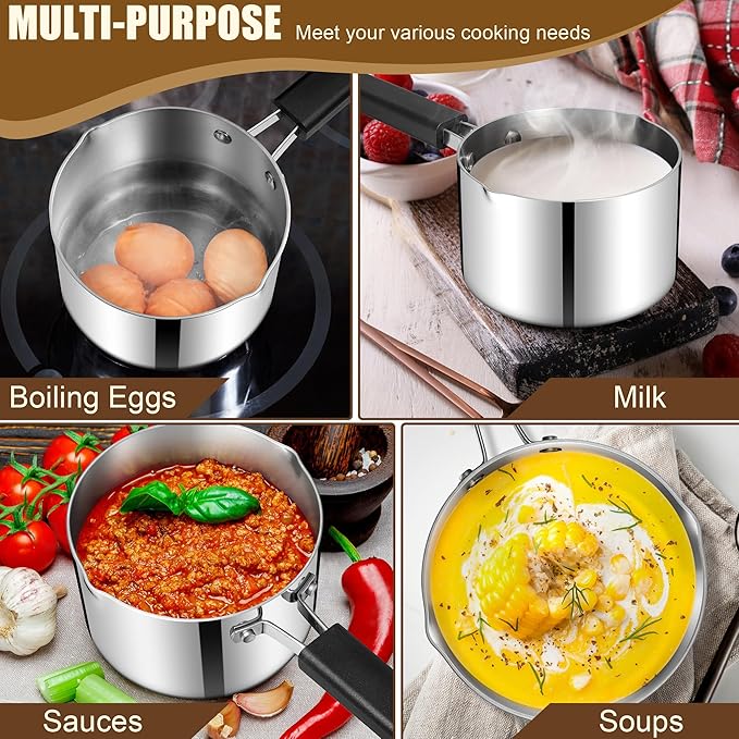 E-far 1 Quart Sauce Pan with Lid, Stainless Steel Tri-Ply All Clad Small Cooking Pot with Pour Spout, Multipurpose Induction Saucepan & Stay-Cool Handle, Compatible with All Cooktops, Dishwasher Safe