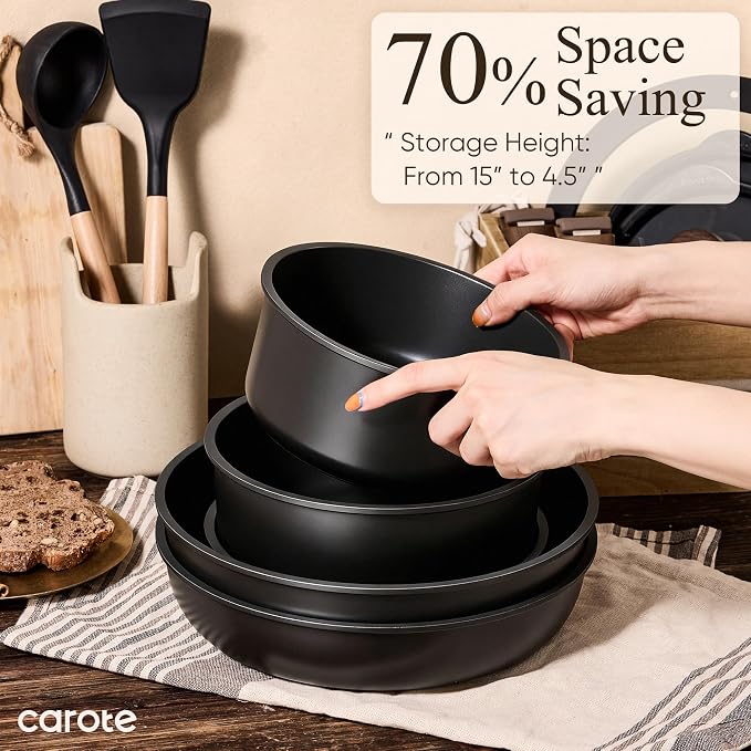 CAROTE 31pcs Pots and Pans Set Non Stick, Cookware Set Detachable Handle | Baking Pans Set, Induction Compatible, Dishwasher & Oven Safe, Space Saving, Camping Cooking Set, Kitchen Set, Black