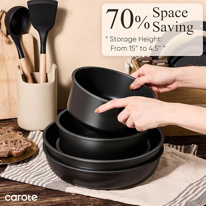 CAROTE 19pcs Pots and Pans Set Non Stick, Detachable Handle Cookware Set | Induction Compatible, Dishwasher & Oven Safe, Space Saving, for Camping/RV/Traveling, Kitchen Cooking Set, Black