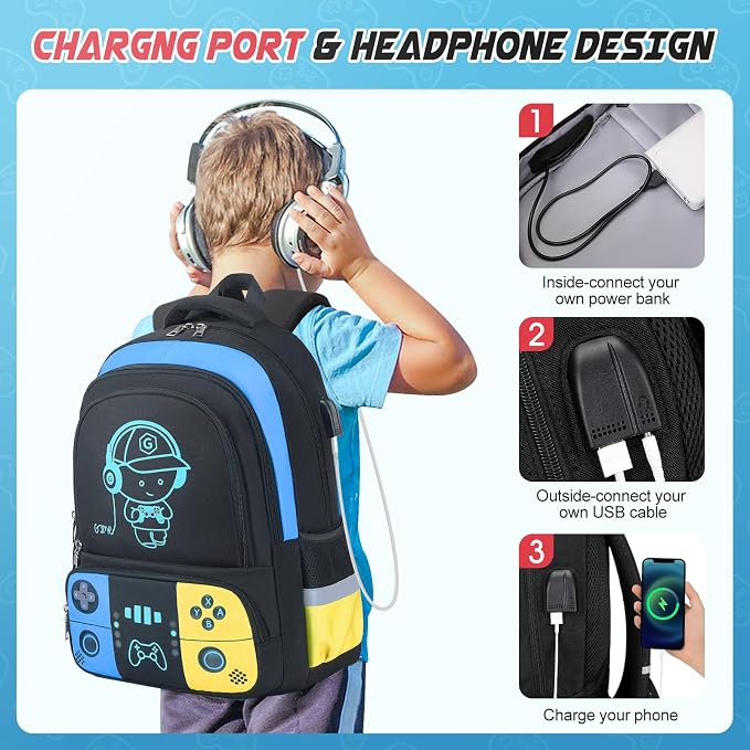 Backpack for School Boys, Cool Luminous Gamer Boys Schoolbag | with Lunch Box & Pencil Case Set for Kids Teens Elementary Middle School, Bookbag Glow In The Dark