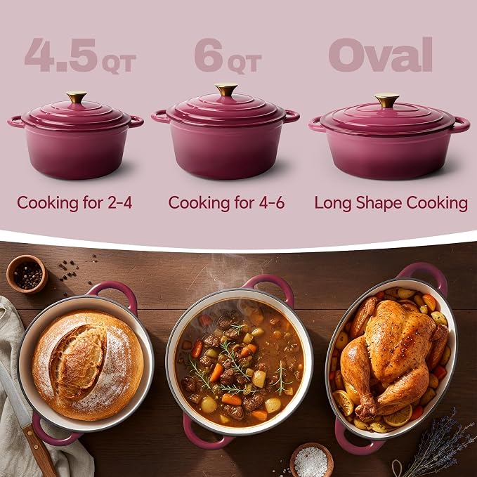 Vintage Style Oval Dutch Oven for Bread Baking, 4.5 Quart Non Stick Enameled Cast Iron Dutch Oven Pot with Lid, Oven Safe Oval Casserole with Lid up to 500°F for Baking, Braising, Stews, Roasting, Rose