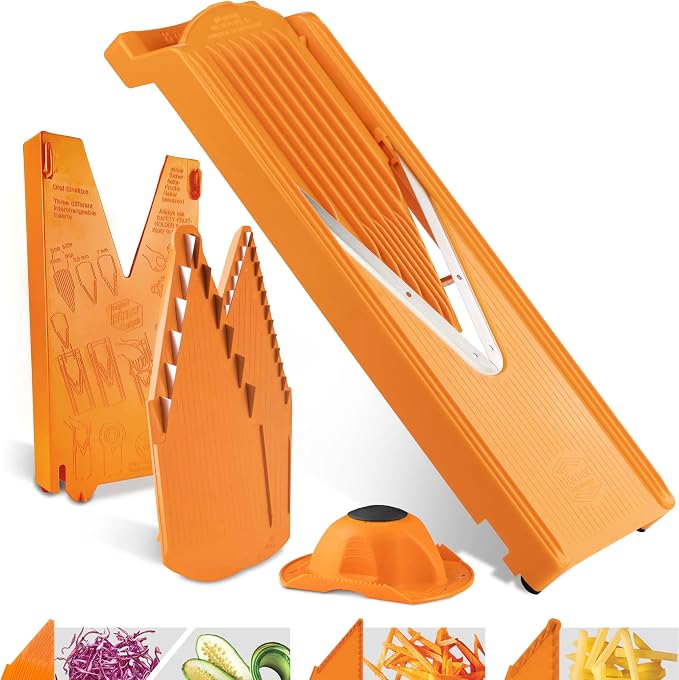 Mandoline Food Slicer Börner V3 (Starter Set) by Reston Lloyd • V-Slicer with Blade Storage & Safety Food Holder • Made in Germany • Fruit & Vegetable Chopper • Multiple Settings: Orange