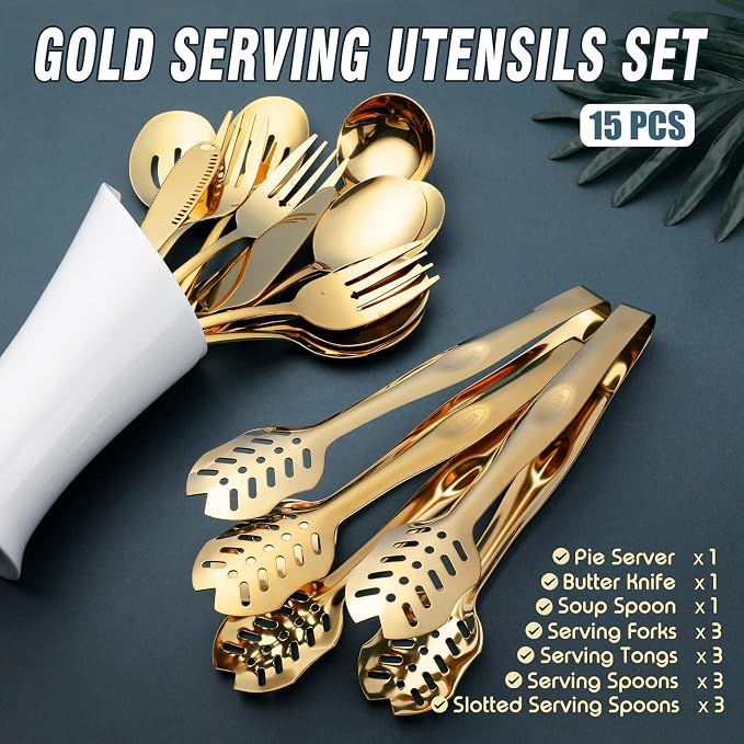 Gold Serving Utensils, OGORI 15-Piece Stainless Steel Gold Serving Utensils Set Include Serving Spoons, Slotted Serving Spoons, Serving Tongs, Serving Forks, Butter Knife, Soup Ladle, Pie Server