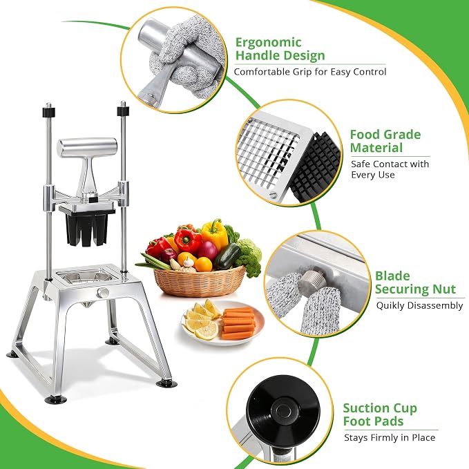 Commercial Vegetable Chopper & Fry Cutter, 3-Blade Manual Dicer | 1/4", 3/8" & 8-wedge blades, stainless steel cutters, aluminum alloy frame, suction base, detachable parts for easy cleaning