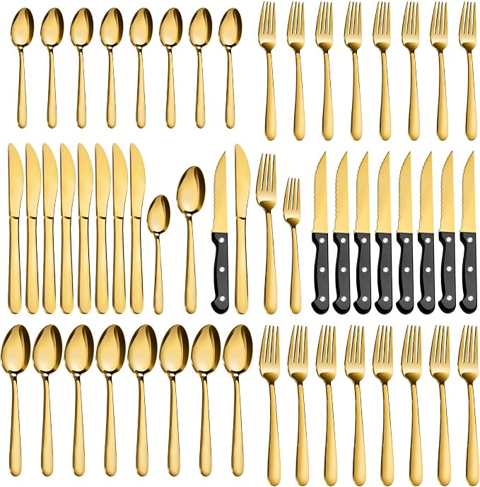 Pleafind 48-Pieces Gold Silverware Sets for 8, Flatware Set with Steak Knives, Stainless Steel Cutlery Set, Include Forks Spoons and Knives Set, Dishwasher Safe Utensil Sets for Home Restaurant