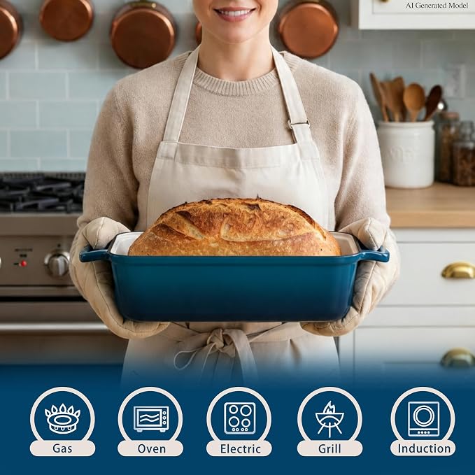 11x5 Inch Cast Iron Loaf Pan with Lid, Sourdough Bread Baking | Large Loaf Pans for Baking Bread, Even Heat Distribution Dutch Oven Bread Pan for Homemade Bread, Meatloaf (5.8Qt, Teal)