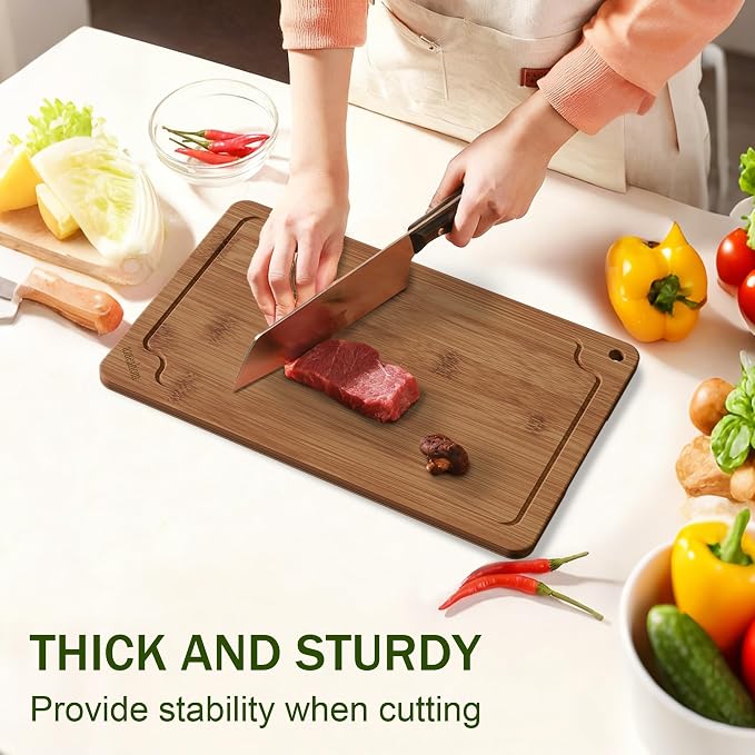 17" Bamboo Cutting Board Set Serving Tray Juice GroovesHandles | Ideal for Meat Vegetables Fruit,Easy Storage & Quick Clean,Natural Wood Construction,Dual-Purpose as Serving Tray