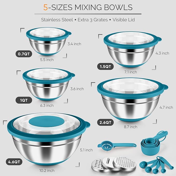 HaWare Mixing Bowls, 24-Piece Stainless Steel Salad Serving Bowl with Airtight Clear Lids, Metal Nesting Bowl For Kitchen Cooking Prepping Storing with 3 Graters, 4.6/2.6/1.5/1/0.7 QT, Teal Blue