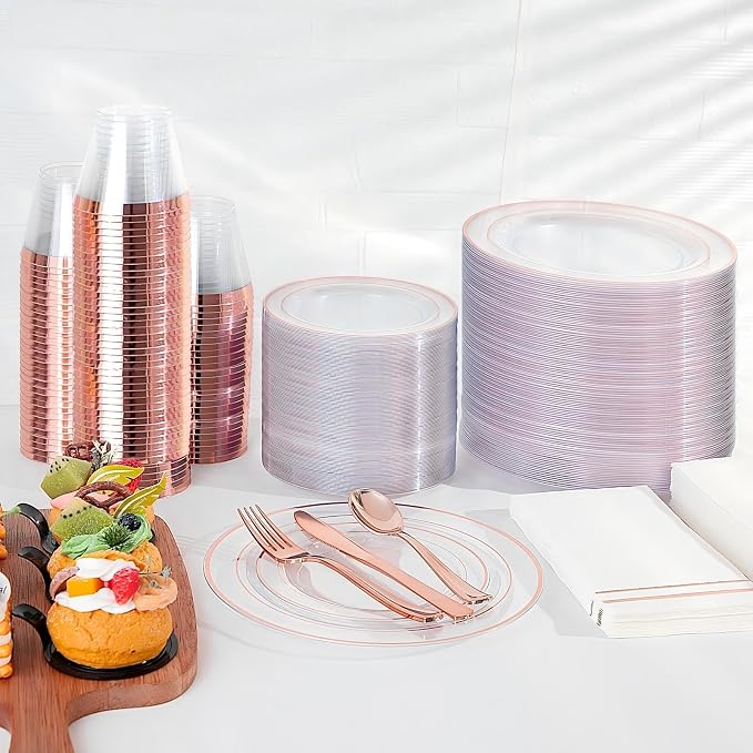 GATHER 350PCS Clear Rose Gold Plastic Plates for Wedding and Party | Rose Gold Disposable Dinnerware include 100 Plastic Plates, 150 Silverware, 50 Napkins, 50 Cups for Baby Shower Bithday