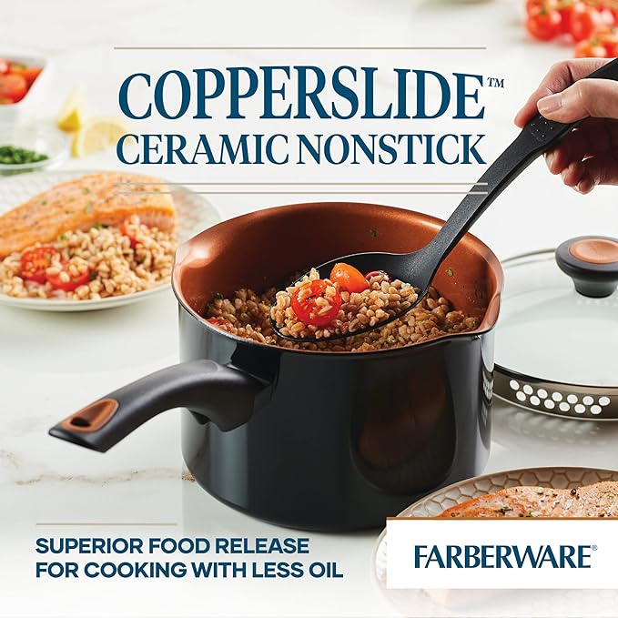 Farberware Glide Copper Ceramic Nonstick Straining Sauce Pan with Lid, 3-Quart, Black